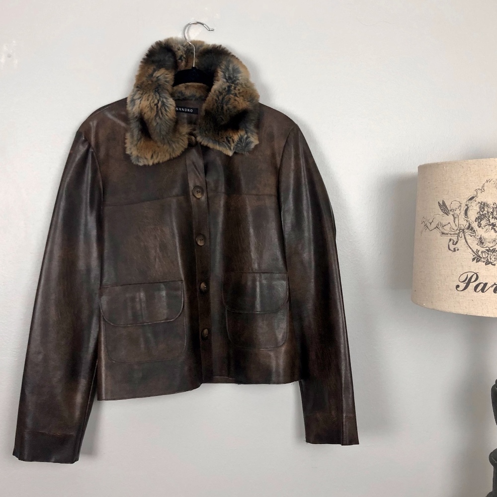 Sandro leather jacket with fur collar
